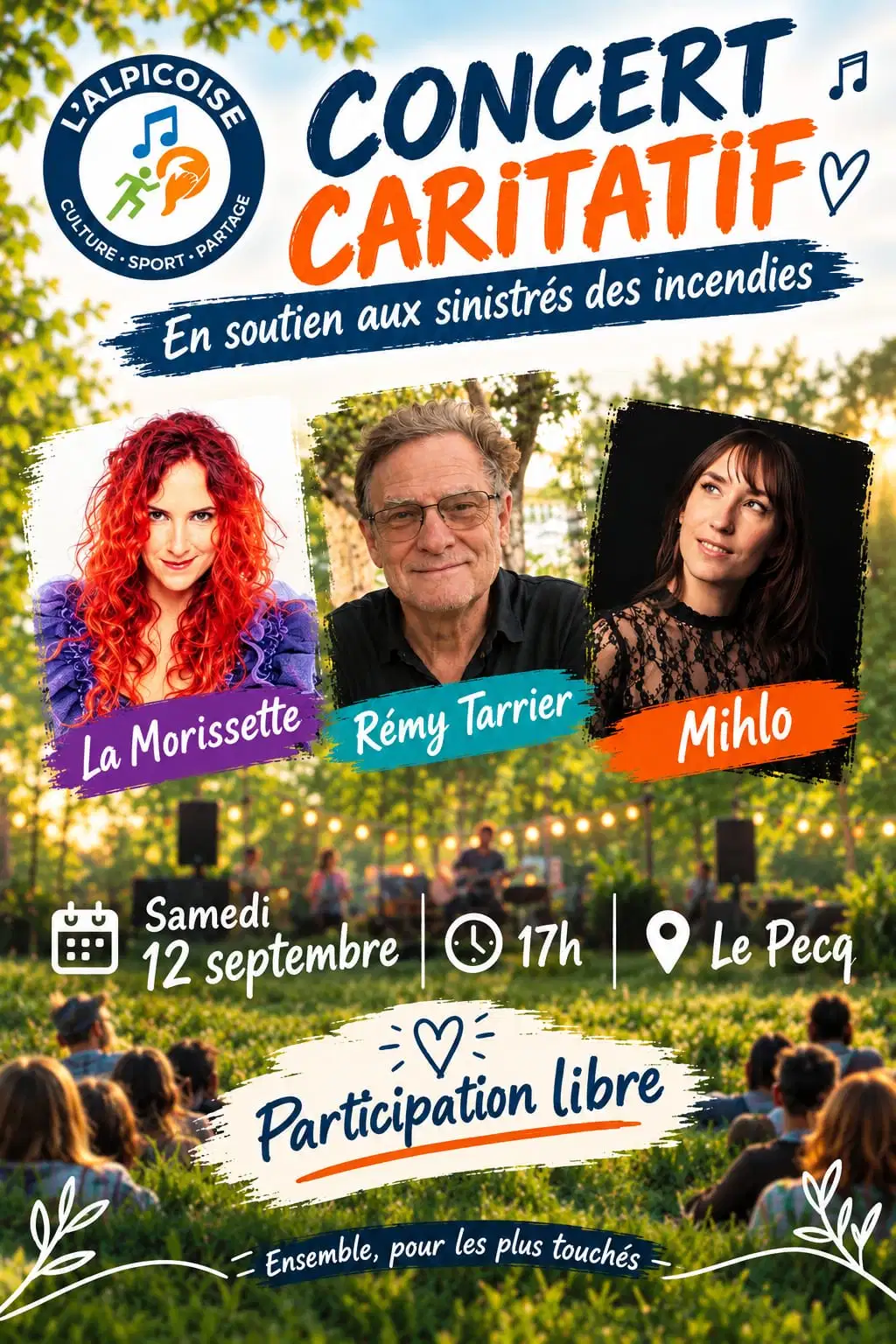 Affiche du concert caritatif 2026 pour les sinistrés des incendies en Gironde et dans le Var le 12 septembre 2026 au Pecq
